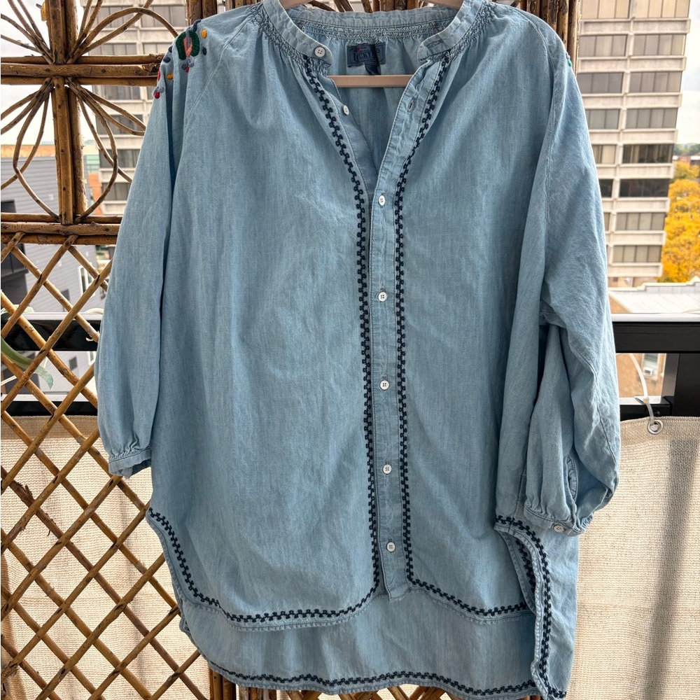 Lucky Brand Light Blue Blouse with Embroidered Accents and Distressed look